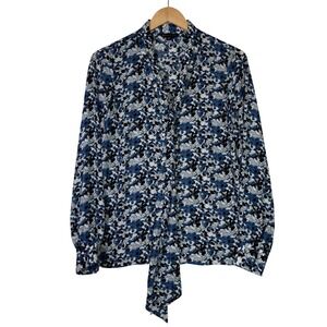 Brooks Brothers Floral Tie‎ Neck Blouse Womens Size 2 Blue White Long Sleeve Top